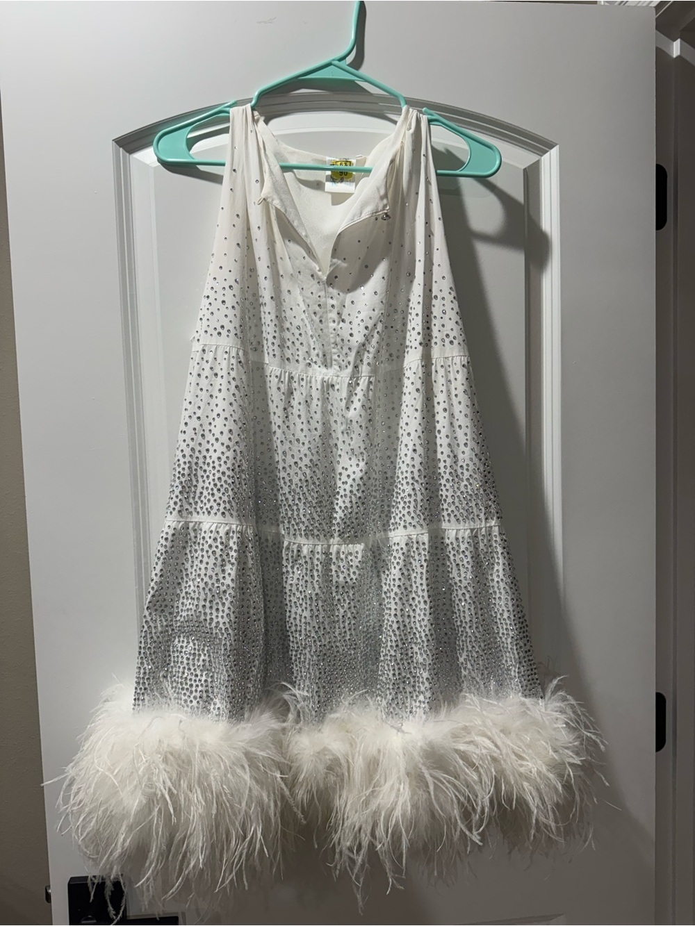 QOS rhinestone and feather dress